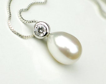 Pearl Pendant Necklace | White Freshwater Drop Pearl | CZ | Sterling Silver Box Chain Necklace | Bridal Jewelry | Birthday | Ready to Ship