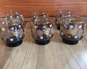 Set Of 6 Vintage Brown Floral Drinking Glasses Tumblers