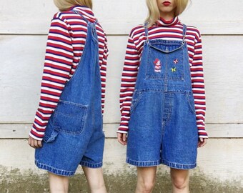 Vintage Blue Jean Mickey Mouse Butterfly Thin Strap Clip Adjustable Summer Denim Shorteralls Shorts Overalls S/M