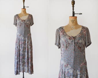 1990s Grey Floral Patchwork Maxi / vintage grunge floral maxi dress