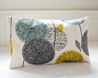 decorative throw pillow cover blue teal grey mustard yellow, 12 X 20 inch lumbar dandelion sofa cushion cover