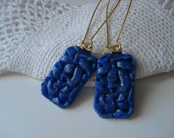 Vintage Carved Lapis Lazuli Bohemian Glass Gold Earrings