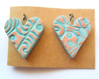 Distressed Turquoise Glazed Terra Cotta Kiln Fired Clay Heart Findings Pair
