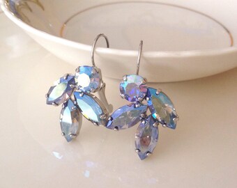 Pale sapphire blue Swarovski crystal leaf earrings, rhinestone drop earrings, leaf, leaves, light blue, bridal jewelry, something blue, blue