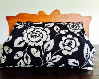 Large Fabric Clutch Purse with Wooden Handle