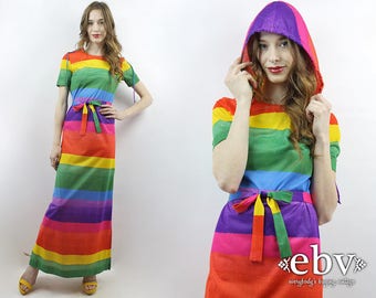 Rainbow Dress Pride Dress 70s Maxi Dress 70s Dress 1970s Maxi Dress 1970s Dress Hippie Dress Hippy Dress Striped Dress Hooded Dress S