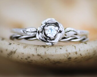 White Sapphire Rose Engagement Ring Set & Twist Ring - Sterling Silver Rose Bridal Set - Stacking Wedding Ring Set - Nature-Inspired Ring