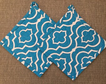 Quilted Pot holders , Potholders,pot holders, Fabric Pot holders, Contemporary Potholders ,8 x 8 inch, blue, Christmas gift
