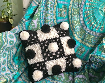 BLACK AND WHITE checker crochet boho decorative pillow!