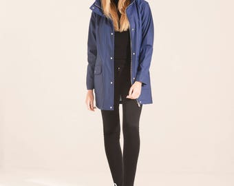 Charcoal Fashion Women's Navy Water Resistant Rubber Rain Coat (02S17)