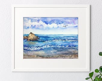 Original watercolor painting, Handmade landscape painting, watercolor landscape, blue sea, house gift, wall art, home decor