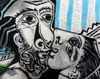 Pablo Picasso Kiss famous painting reproduction , Oil pastel drawing copy , Original reproduction