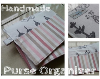 27 inch / 8 pockets Purse / Bag Organizer Insert - (Large) White Fig print and pastel shades stripes fabric
