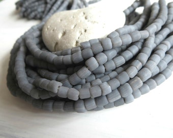 small matte seed bead, opaque grey glass bead, irregular barrel tube spacer, New Indo-pacific 3 to 6 mm / 22 inche strand - 5A4-4