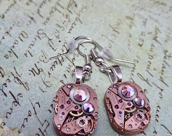 Steampunk ear gear - watch movement - Rose Gold - Steampunk Earrings - Repurposed art