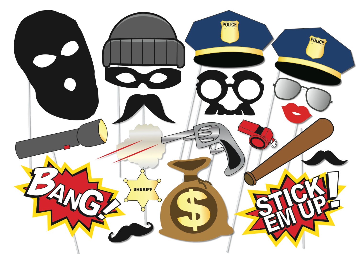 Cops and robbers Party Photo booth Props Set 20 Piece