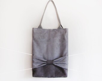 Suede grey tote bag with big bow / Minimalist suede anthracite and grey tote bag / Grey medium bow shoulder bag