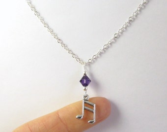 Music Note Necklace- choose a birthstone, Music Note Pendant, Music Birthstone, Music Necklace, Music Gift, Music Pendant, Music Charm