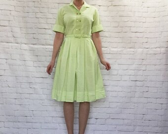 Vintage 60s Spring Green Pleated Belted Midi Day Dress Cuffed Embroidered M L