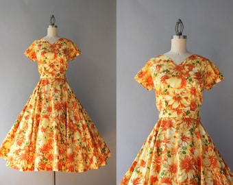 1950s Dress Set / Vintage 50s Golden Yellow Floral Dress Set / 50s Circle Skirt and Blouse Set S small