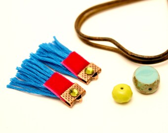 2 PomPoms blue, blue Klein, tassel, tassel is handmade, copper, Tassel charm