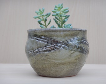 Handmade Ceramic Planter - Green Shino Textured Plant Pot