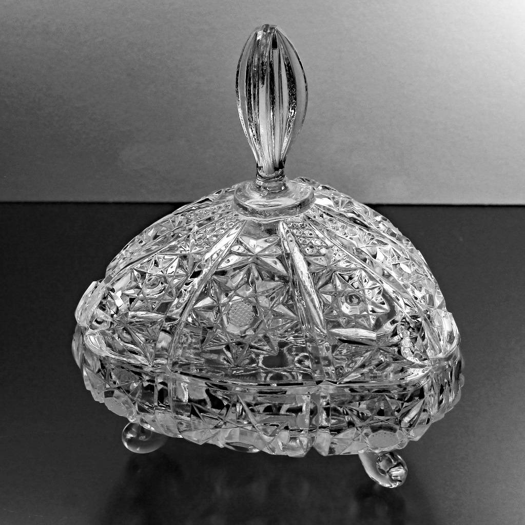 Crystal Footed Candy Dish, Cut Glass Bowl, Triangle Shaped, 3 Toed Bowl