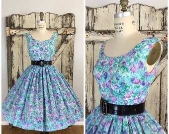 Vintage 1960s Blue Purple and Green Floral Print Full Dress Large 28 1/2 Waist