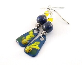 Handmade Earrings, Enameled Earrings, Blue With Yellow Flower Earrings, Silver, Artisan Earrings, Boho Earrings, Flower Earrings, AE164