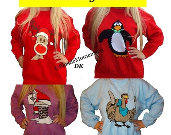4 x Childrens & Adults Christmas Jumper Knitting Patterns #6 Rudolph Penguin Santa Turkey PDF Instant Download Xmas 24 - 40" Chest