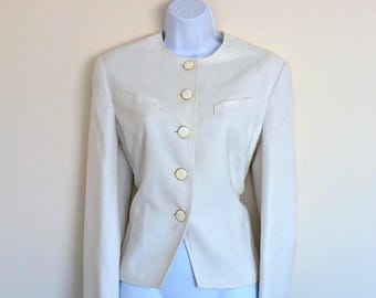 Vintage 90s Cream Blazer Windsmoor Chic Size Medium Gold Woven Tailored Fashion Retro 1950s Style