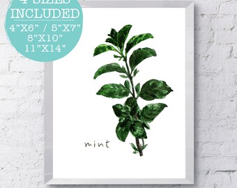 Mint, Herbs Print, Green Watercolor Herbs, Kitchen Art, Kitchen Decor, Kitchen Printables, Kitchen Prints, Trending Kitchen, Kitchen Herb