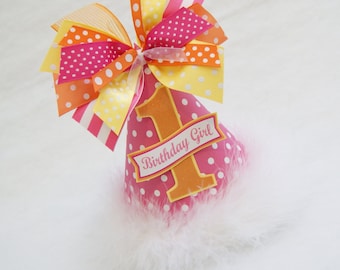 Hot Pink, Orange, and Yellow Polka Dot Party Hat - You are my sunshine, Lemonade Stand Birthday Party