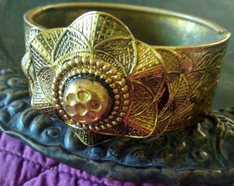 Edwardian Nouveau Bracelet - Etched Brass - Antique Bangle