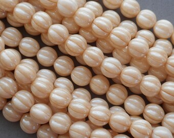25 8 mm Czech glass beads, opaque Champagne Luster , Off White, round melon shaped beads C52125