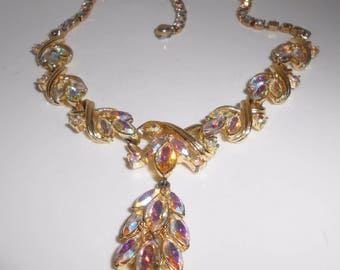Coro Rhinestone Necklace Aurora Borealis Pendant Lariat