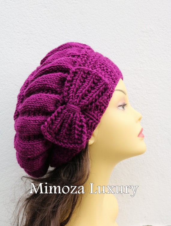 Orchid Purple Woman Hand Knitted Hat with Bow, Beret hat with bow, purple knit hat, slouchy knit women's hat with bow, winter hat, grape