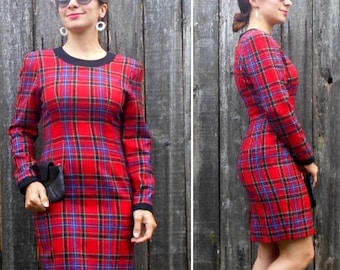 Vintage 80s plaid dress / Holiday dress / Red plaid dress / Pinup dress / Size S