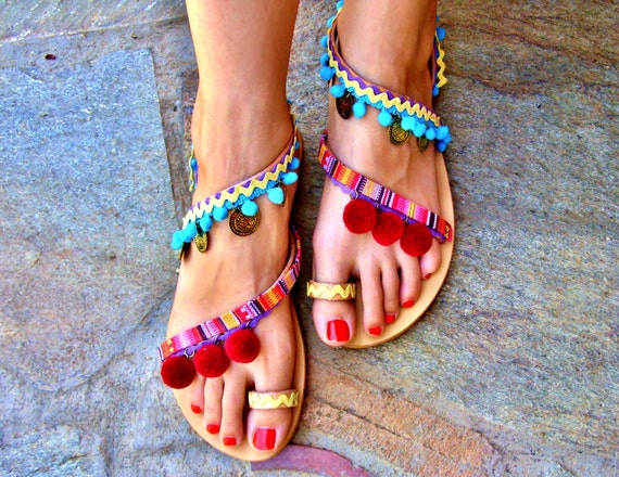 40% OFF Colorful Sandals / Pom Pom Sandals / Bohemian Strappy