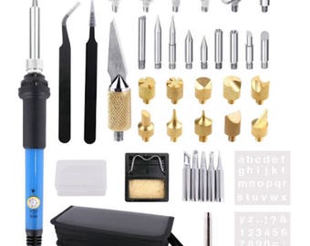 40Pcs Wood Burning Kit Leather Pyrography Pen Adjustable Temperature Soldering iron Embossing Carving Soldering Tips Stencil Carrying Case