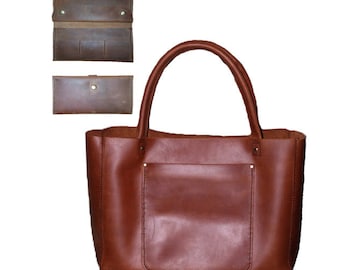Leather tote bag, leather bag, leather tote, leather handbag, large leather tote - Double PLUS leather wallet