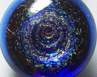 Chunky 3D star spiral over blue dichroic vortex starfield 3D lampwork solid glass pendant