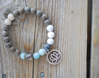 Essential oil diffuser bracelet yoga bracelet mala beads meditation beads yoga beads amazonite bracelet graywood frosted howlite lava beads