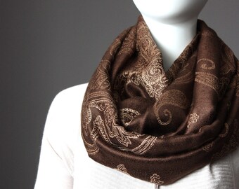 Paisley infinity scarf, chocolate brown scarf, women accessories