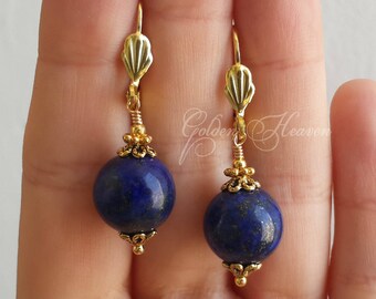Lapis Lazuli earrings Gold Earrings blue round earrings Dark blue earrings Blue stone earrings Gemstone earrings leverback drop earrings