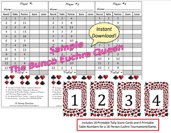 16 person euchre rotation score sheet score card euchre euchre tally sheet