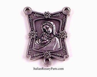 Virgin Mary and Baby Jesus Large Rosary Center Medal | Italian Rosary Parts
