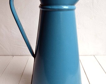 Large Antique Blue Enamel Pitcher French Rustic Metal Enamelware Jug