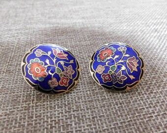 1980's Floral Cloisonne Earrings, Cloisonne Flower Earrings, Blue Cloisonne Stud Earrings, Gold Plate Earrings, Cloisonne Jewelry