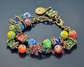 Millefiori Glass Retro Squares Bracelet, Murano Glass Jewelry, Rainbow Bracelet, Festival Jewelry, Millefiori Jewelry, Boho Bracelet BR223